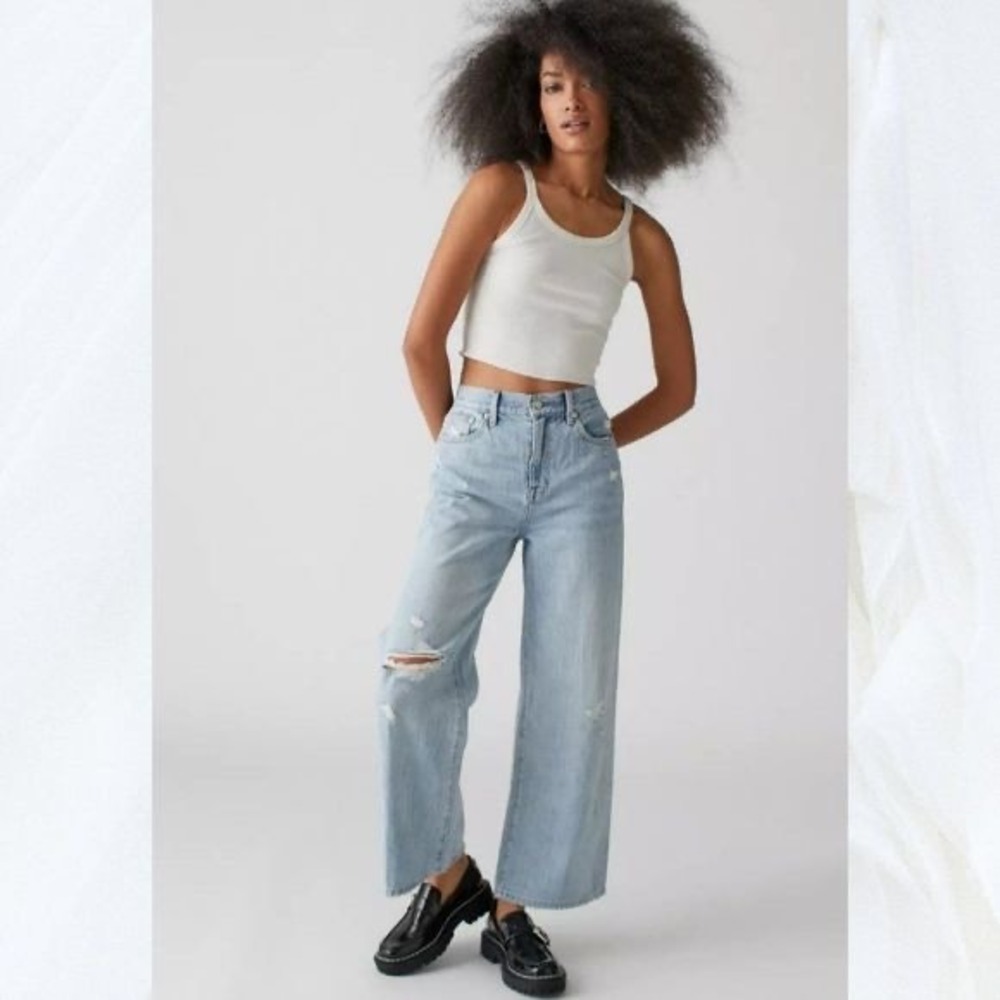 Pistola Keaton High Rise Wide Leg Jeans Glazed Light Wash Distressed Baggy 29 z1